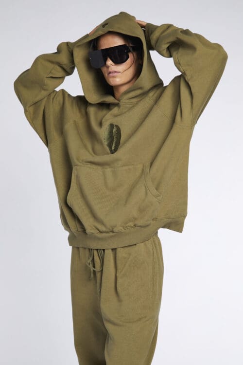 Large Embroidered Cowrie Hoodie ARMY - Image 2